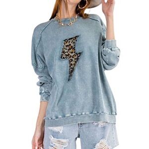 Easel Blue Sweatshirt with Leopard Print Lightning Bolt